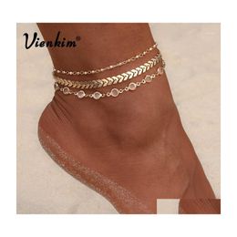 Anklets Vienkim 3Pcs/Lot Crystal Sequins Anklet Set Beach Foot Jewelry Vintage Ankle Bracelets For Women Summer Party Gift 20221 Dro Dhdyv