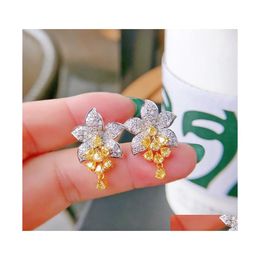 Stud Flower Cubic Zircon Earring Real 925 Sterling Sier Jewellery Gold Colour Engagement Wedding Earrings Women Bridal Party Drop Delive Dhefx
