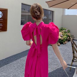 Casual Dresses Robe Femme Slim Bandage Puff Short Sleeve Backless Turtleneck Dress Summer Beach Temperament French Vestido Half High Waist