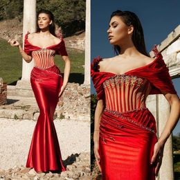 Elegant Red Mermaid Evening Dresses Sexy Beading Prom Dress Illusion Off The Shoulder Formal Party Gowns Custom Made