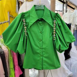 Women's Blouses Pleated Puff Sleeve Diamond Chain Irregular Single Breasted Shirt Camisas De Mujer Casual Blusa Clothes Green Top 2022