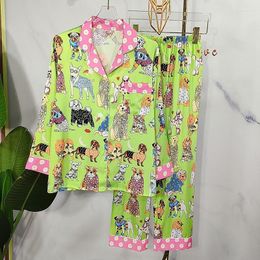 Home Clothing Autumn Silk Sleepwear Green Cartoon Print Women Pajamas Set Long-sleeved 2 Pcs With Trousers Satin Cardigan Clothes Female