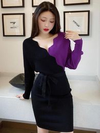 Casual Dresses Sexy Contrast V Neck Bandage Waist Women Knit Dress Bodycon High Wrap Hip Backless Vestido Midi Long