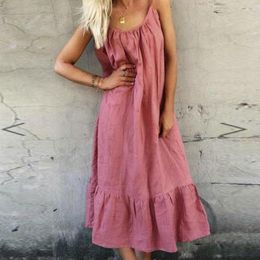 Casual Dresses Women Cotton Linen Long Good Quality Fashion Loose Style Lady Clothes Holiday Comfortable Material Solid Colour
