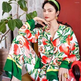 Home Clothing 2022 Spring Autumn Turn-down Collar Tropical Printed Silk Satin Pajamas Set Sleepwear Loungewear For Women Pyjama Femme 2