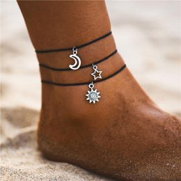 Anklets Boho Women's Anklet Adjustable Rope Bracelet On The Leg Elegant Sun And Moon Pendant Set Ankle Chain Sandals Foot Jewelry