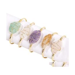 Bangle Gemstone Jewelry Gifts Women Irregar Crystal Quartz Natural Stone Bangles Goldcolor Wire Wrap Metal Cuff Bracelets Drop Delive Dhiyx