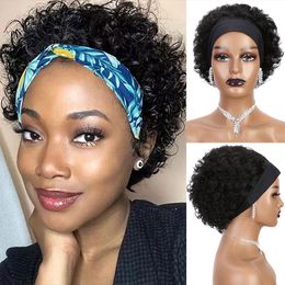 Short Curly Headband Wig Human Hair for Black Women Bob Pixie Cut Glueless Half Wig 150% Density Natural 6 Inch