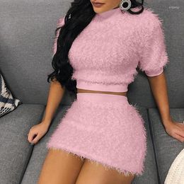 Work Dresses Two Piece Set Women Sweater Pencil Skirt Suit Short Sleeve Fleece Crop Tops Bodycon 2 Pieces Knitted Cloth