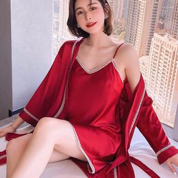 Women's Sleepwear V-Neck Lace Trim 2PCS Nighty Suit Women Spring Autumn Loose Robe Gown Sexy Strap Nightgown Intimate Home Dress