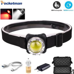 Headlamps Pocketman COB LED Headlamp USB Rechargeable Headlight White Light/Red Light Head Front Waterproof Lamp With Battery