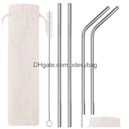 Drinking Straws Set Of 6 Stainless Steel Sts With Cleaning Brush And Pouch 215Mm 265Mm Reusable Straight Bent Metal St Party Wedding Dhywh