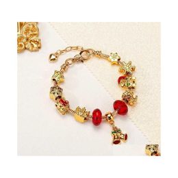 Charm Bracelets European Style Diy Large Hole Gold Bracelet Christmas Gifts For Women Bell Pendant Red Crystal 3D Star Snowflake Dro Dhmnj