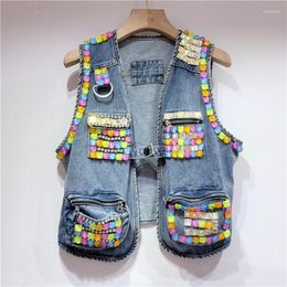 Women's Vests 2022 Autumn Heavy Industry Diamond Pocket Jean Waistcoat Female Short Vest Women Sleeveless Blue Denim Coats Outwear