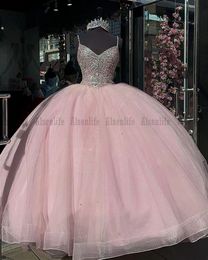 Pink Ball Gown Quinceanera Dresses 2023 Beads Crystal Corset Sweet 16 Girls Birthday Prom Party Wear