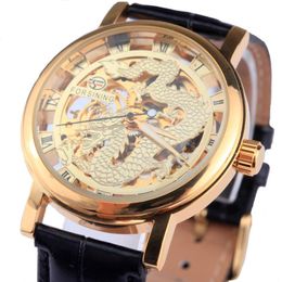 Forsining Dragon Men's Mechanical Watch Black Gold Case Leather band Hollow watches Skeleton top relogio masculino274i
