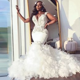 Mermaid African Wedding Sweetheart Ruffle Train Royal Black Bride Dress Beading Binding Bridal Vestio Plus Size Pageant