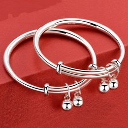 1 Pair Anti-Allergic Bells Baby Bangles 999 Silver Polished Smooth Bangles Bracelets for Baby Children Nice Birthday Gift