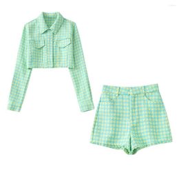 Women's Tracksuits JUNWU Summer Women's Green Plaid Print Lapel Single Breasted Long Sleeve Top Shorts Suit Sweet Girly Style