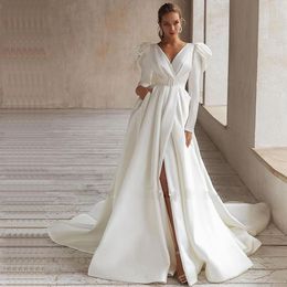 Klasyczne sukienki ślubne z szarfy długie rękawy z przodu podzielony suknia ślubna plażowa suknie Mariage Mariage Vestidos 326