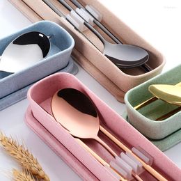 Dinnerware Sets 18/8 Korean Stainless Steel Chopsticks Spoon Set Long Handle Flat Non-Slip Dessert With Box
