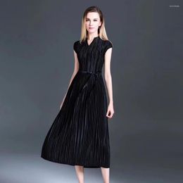 Casual Dresses Miyake Wrinkle Summer Pure Colour Large Size Women's Fashion Style Sleeveless Tie Shows Slim Pleated Dress