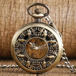 Steampunk Bronze Hollow Out Cute Little Goldfish Cover Handwind Mechanical Pocket Watch FOB Skeleton Clock Pendant Chain to Men Wo2792