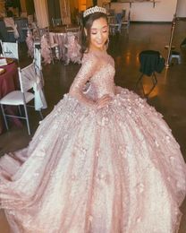 Amazing Rose Gold Long Sleeves 3D Flower Quinceanera Prom dresses Ball Gown Beaded Illusion Evening Formal Gowns Sweet 16 Vestidos De Dress ruffles