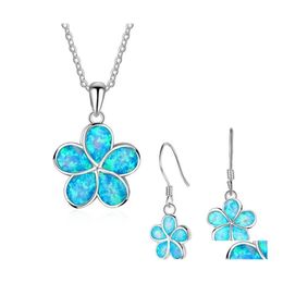 Earrings Necklace Cute Women Flower Blue Imitation Fire Opal With For Accessories Fashion Jewelry Set Lover Gift Drop Delivery Sets Dhqec