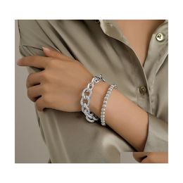 Bangle Fashion Punk Geometric Double Bracelet For Women Exaggeration Thick Chain Round Beads Bangles With Charms Jewelry Display Gif Dhetb