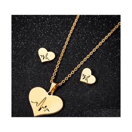 Earrings Necklace Stainless Steel Love Heart Women Gold Heartbeat Stud Jewellery Sets For Girls Wedding Drop Delivery Dham1