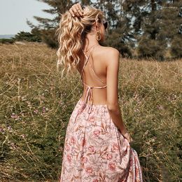 Casual Dresses Sexy Summer 2022 Pink Floral Women Long Holiday Party Dress Halter Sleeveless Lady Strap Backless Midi High Split Robe