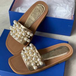 Luxury Goldie Slide Women Flat sandal Cow Leather Open-toe squared toe Slipper Summer Beaches Casual Shoes flash Pearl sandals Top Quality With Box 314
