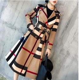 American Women's trench coats Autumn And Winter New Plaid Lapel Mid Length Colour Matching Retro Trench Coat Long Sleeve Windbreaker pluz size 3XL