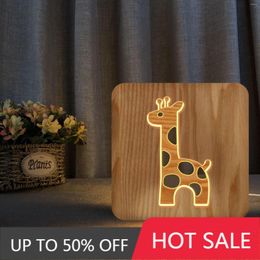 Night Lights Giraffe 3D LED Wooden Children Bedroom Living Room Decoration Wood Hollow Carving Table Lamp Warm White Light