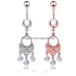 Navel Bell Button Rings Sexy Wasit Belly Dance Crystal Body Jewelry Stainless Steel Rhinestone Piercing Dangle For Women Pendant R Dhtpm