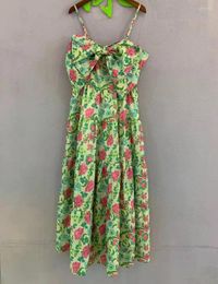 Casual Dresses 2022 Summer Dress High Quality Women Spaghetti Strap Pink Floral Print Big Bow Deco Sleeveless Mid-Calf Green