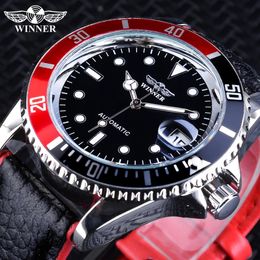 Winner 2018 Fashion Black Red Sport Watches Calendar Display Automatic Self-wind Watches for Men Luminous Hands Genuine Leather208E
