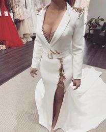 Elegant Women Ivory Suit Evening Dresses With Golden Beads Long Sleeves Side Split Sexy Mermaid Prom Party Gowns Open Back Buttons V-Neck Brithday Party Event Dress