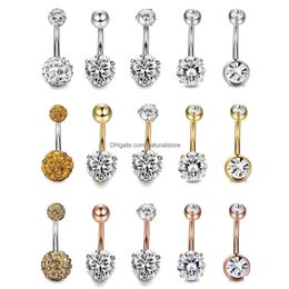 Navel Bell Button Rings 5Pcs/Set Round Love Heart Cute Crystal Body Jewellery Piercings Stainless Steel Rhinestone Piercing For Wome Dhuvs