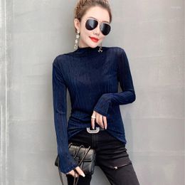 Women's T Shirts Spring Summer Sexy Mesh T-shirt For Women 2022 Casual Fashion Turtleneck Long Sleeve Stripe Thin Slim Base Lace Tees Tops