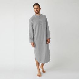 Men's Sleepwear Fashion Men Robe Nightgown Long Sleeve Button Solid Color Shirt Muslim Dubai Abaya Turkey House For