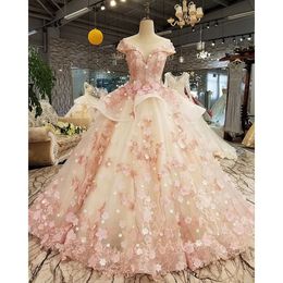 Quinceanera Ball Gown Dresses Off Shoulder Pink Illusion Lace Appliques Beads Crystal D Floral Flowers Floor Length Corset Back Plus Size Prom Evening Gowns