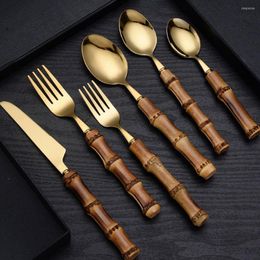 Dinnerware Sets 4/6PCS 2 Colors Bamboo Handle Tableware Steak Knives Forks Coffee Tea Dessert Spoons Steel Cutlery Set