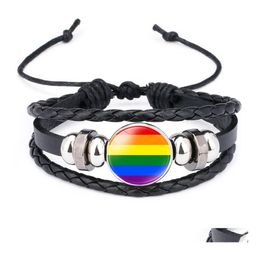 Charm Bracelets Lgbt Gay Pride Leather Bracelet For Women Men Rainbow Glass Cabochon Braided Rope Wrap Bangle Wristband Fashion Jewe Dhfqa