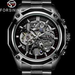 FORSINING Automatic Mechanical Men Wristwatch Military Sport Male Clock Top Brand Luxury Black Steel Skeleton New Man Watch 8130 Y288Z