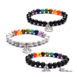 Beaded Tree Of Life Charm Bracelets For Women Men Lava Rock White Turquoise Black Agate Natural Stone Beads Chains Fashion 7 Chakra Dhlwp