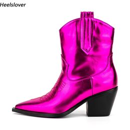 Heelslover Handmade Women Winter Chelsea Ankle Boots Unisex Block Heels Pointed Toe Pretty Fuchsia Party Shoes US Plus Size 5-13