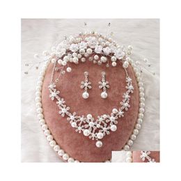 Wedding Jewelry Sets Clay Flowers Pearl Crystal Bridal Necklace Earrings Tiara For Brides Wholsale Drop Delivery Dhvbl