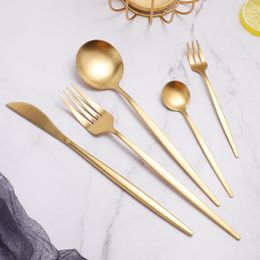 Dinnerware Sets 5Pcs Gold Cutlery Set Matte Stainless Steel Diner Spoon Fork Knife Dishwasher Safe Tableware Kitchen